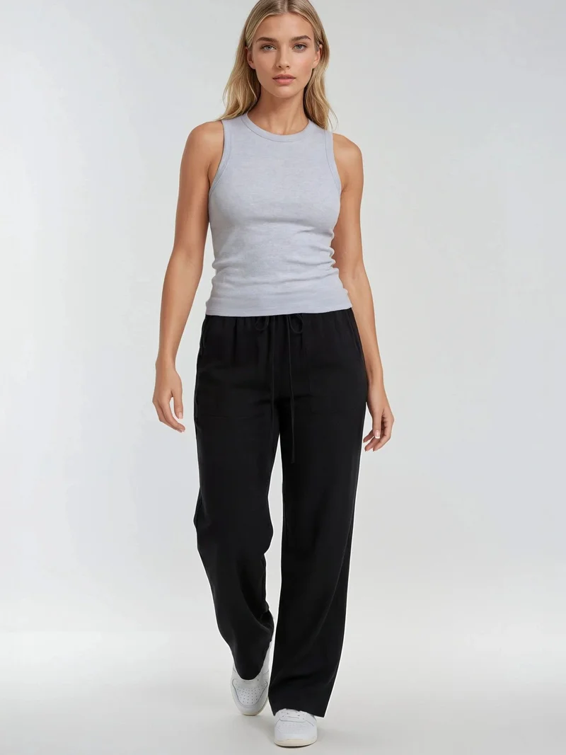 MixRay Black MIXRAY Mid Waist Straight Leg Cotton Pants with Tie Closure for Women | Best Price UAE